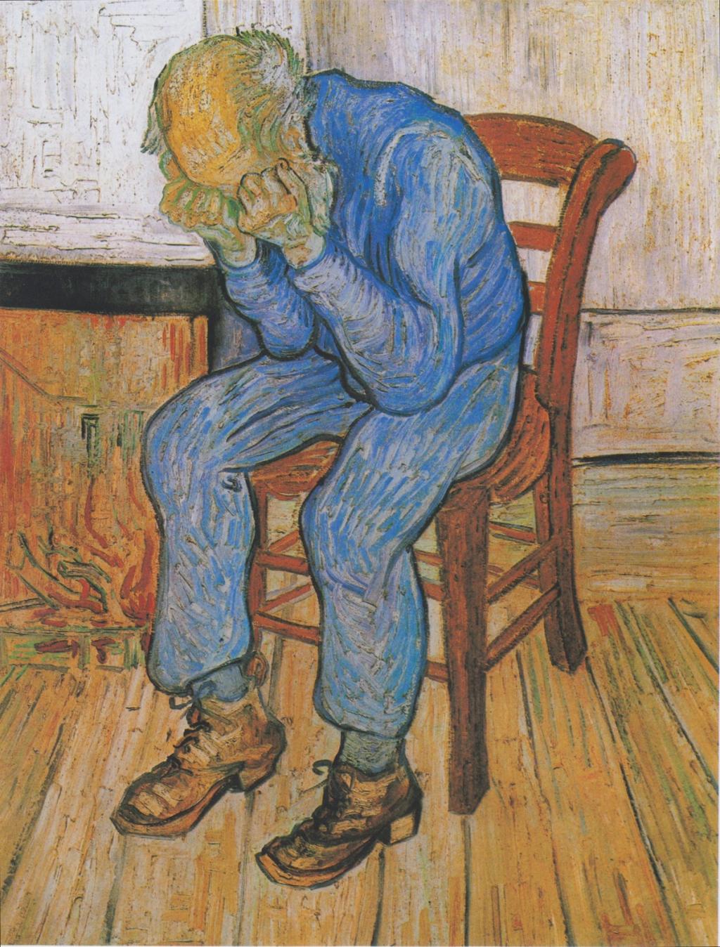 Van Gogh's painting At Eternity's Gate: a hunched grey-haired old man sits in a chair, his face buried in his hands