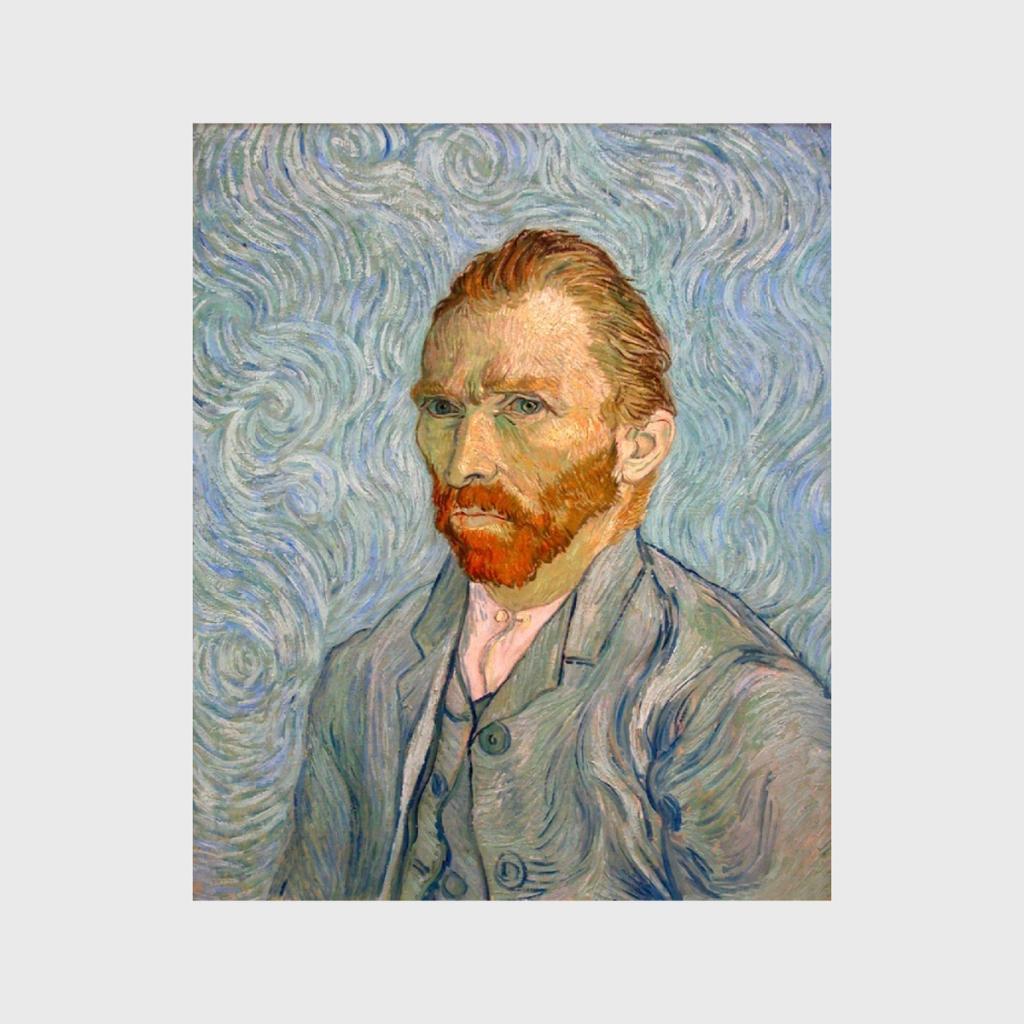 Van Gogh's self-portrait against a background of blue swirls: the red-bearded artist in a grey-blue jacket