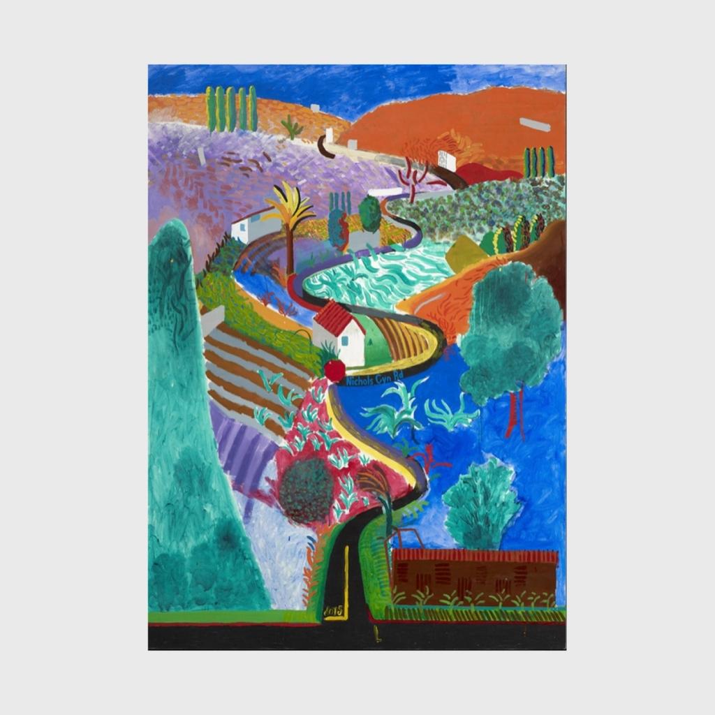 A Hockney painting, Nichols Canyon: a winding road through multicoloured hills