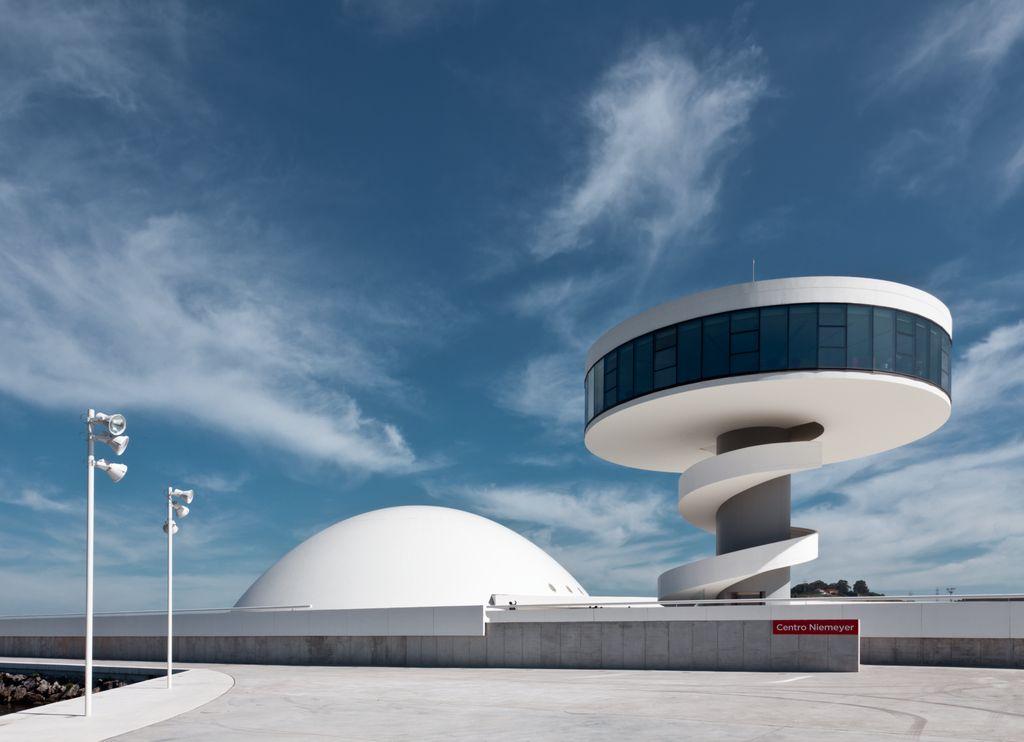 The Niemeyer Cultural Centre in Avilés, a white observation tower with a spiral ramp and a dome