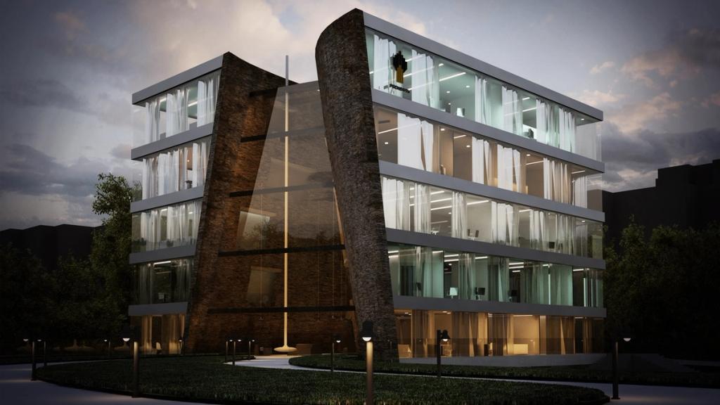 An office building with a glass facade and angled stone columns at the corners, visualisation