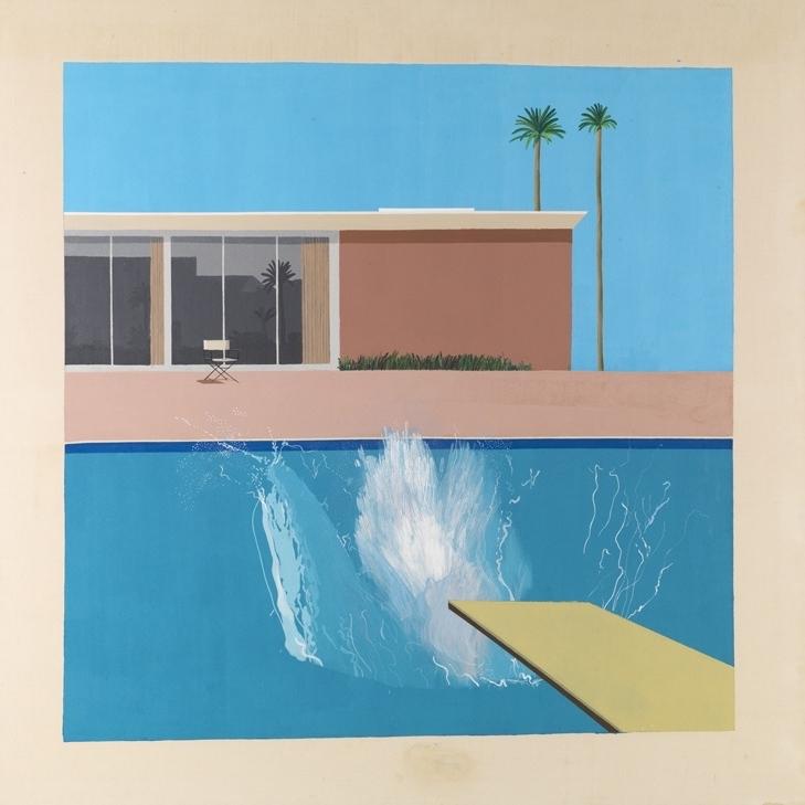Hockney's painting A Bigger Splash: a plume of water rises from a diving board in front of a modernist house