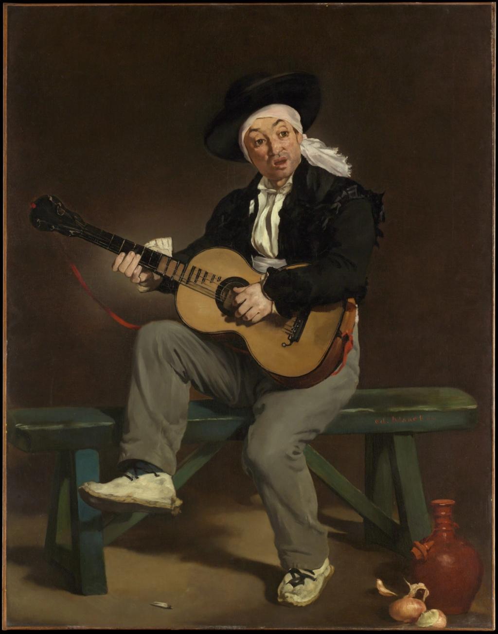 Manet's painting The Spanish Guitar Player: a man seated on a bench playing a guitar