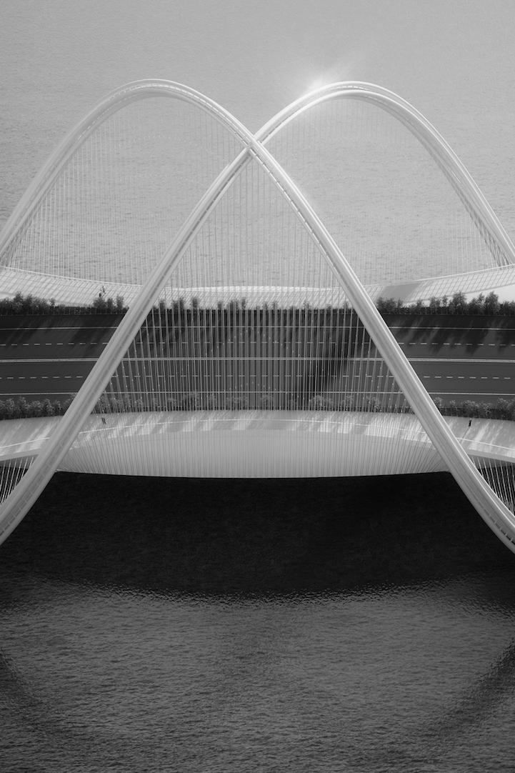 Black-and-white side view of San Shan Bridge: two crossed arches over a river