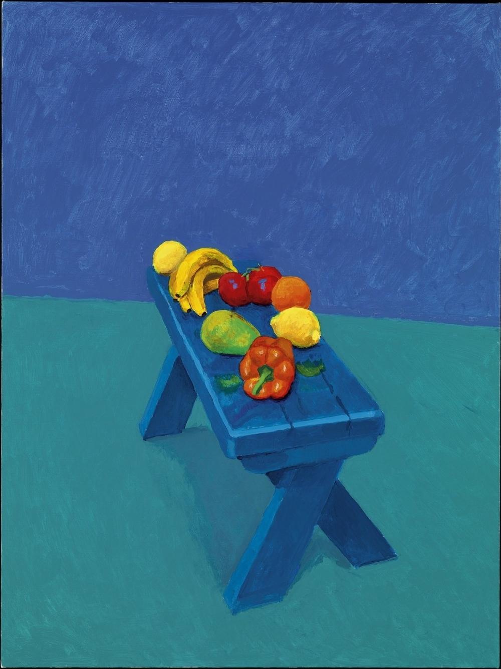 Hockney still life with fruit and pepper on a blue garden table