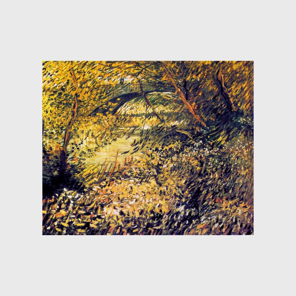 Van Gogh's landscape with a riverbank, trees and yellow-green foliage in an Impressionist manner