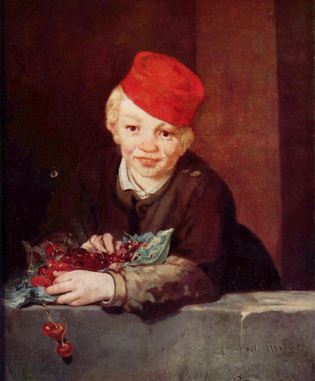 Manet's painting Boy with Cherries: a child in a red cap holding a handful of cherries