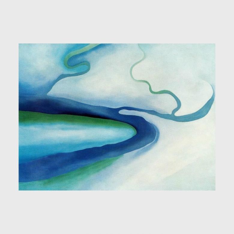 O'Keeffe abstraction: a blue-green curve of a river in pale haze, seen from above