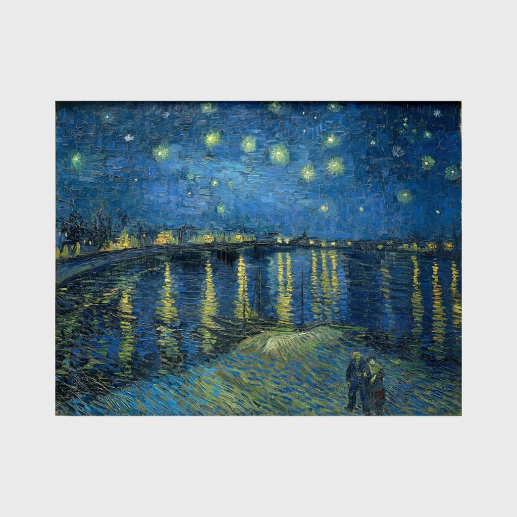 Van Gogh's painting Starry Night over the Rhône: reflections of city lights on the water beneath a starry sky