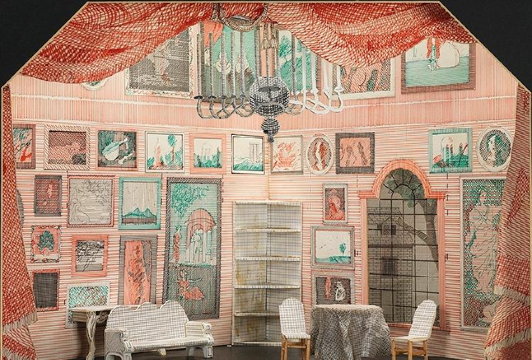 Hockney stage design sketch: an interior with paintings on the walls and a screen