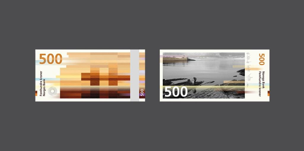Snøhetta's 500-krone banknote: orange pixel pattern and a photograph of a rocky shore