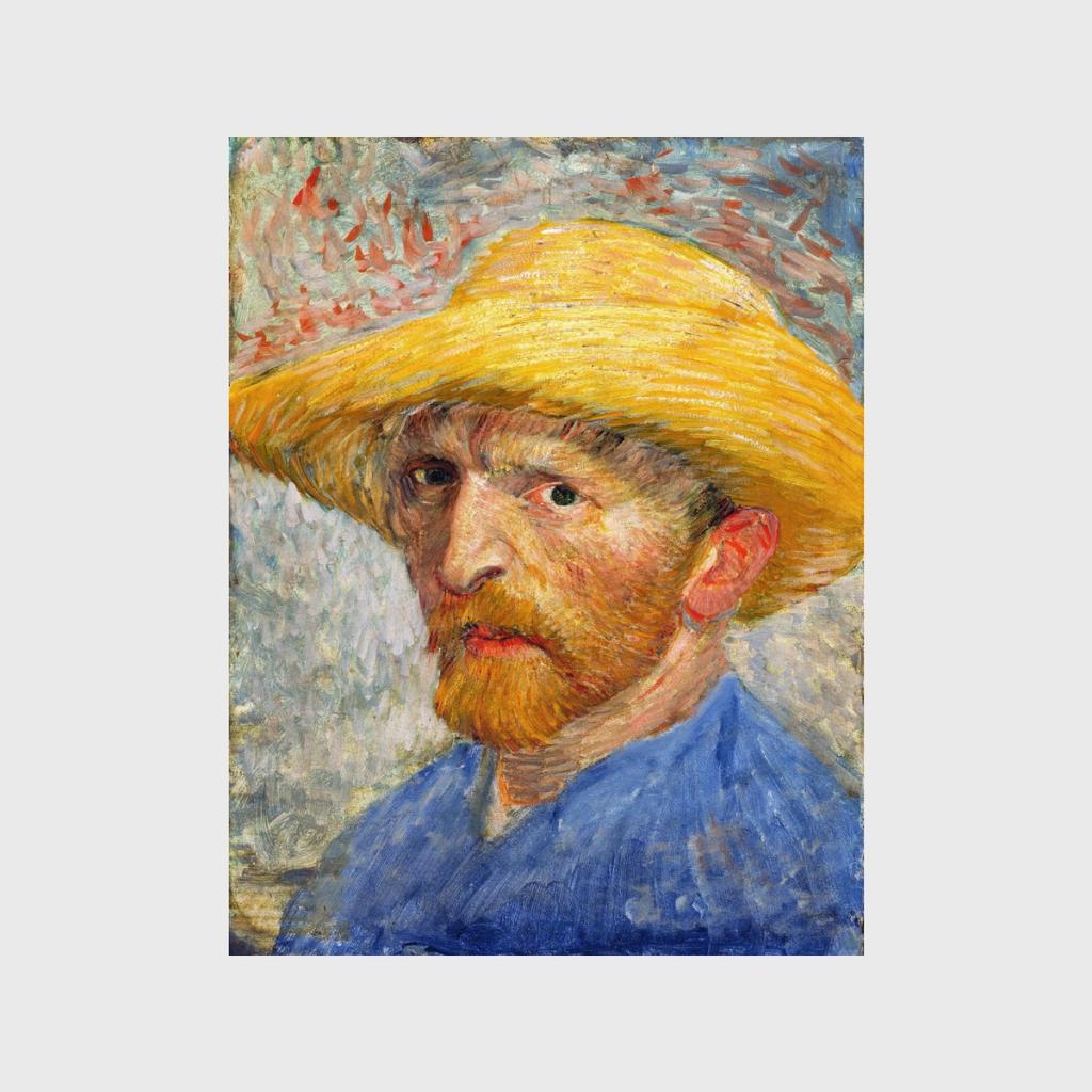 Van Gogh's self-portrait in a straw hat and blue smock, with a red beard