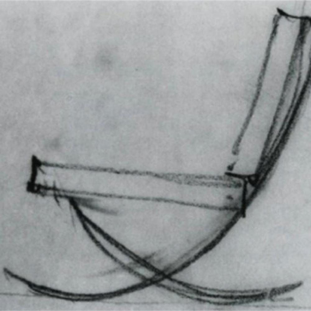 Pencil sketch of the crossed-frame structure of the Barcelona Chair