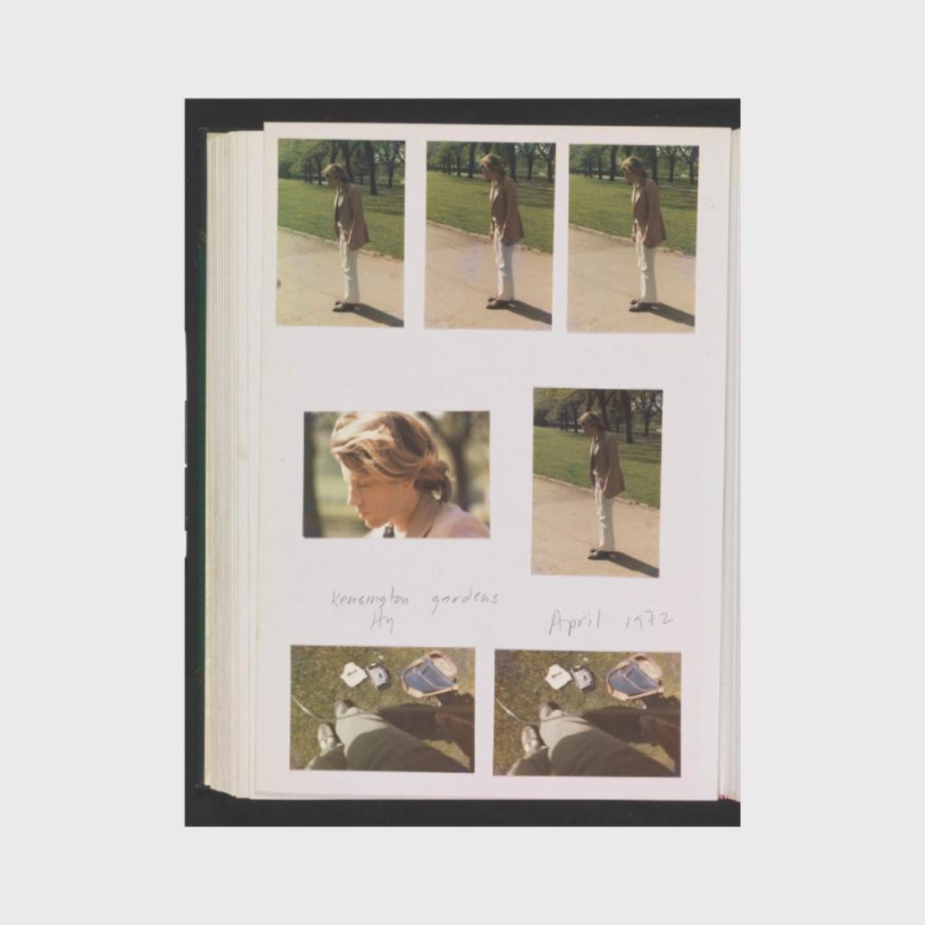 A page from Hockney's photo album, with pictures of a man in Kensington Gardens, 1972