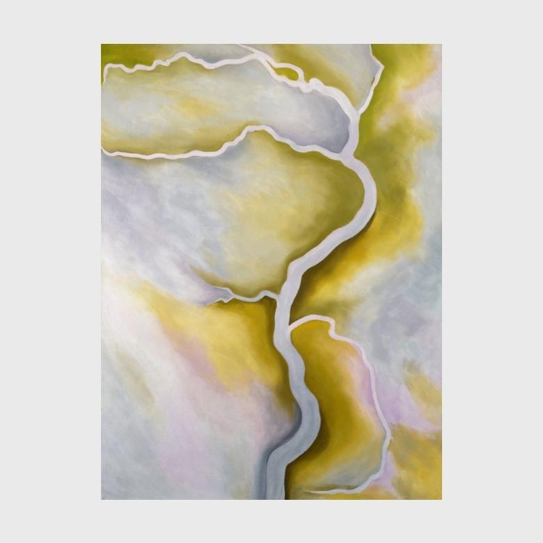 O'Keeffe abstraction of yellow and lilac forms with a white winding line