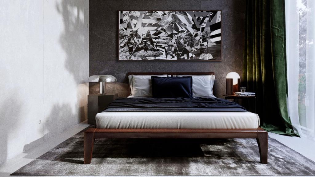 Bedroom with a dark feature wall, a double bed and a black-and-white abstract painting above the headboard