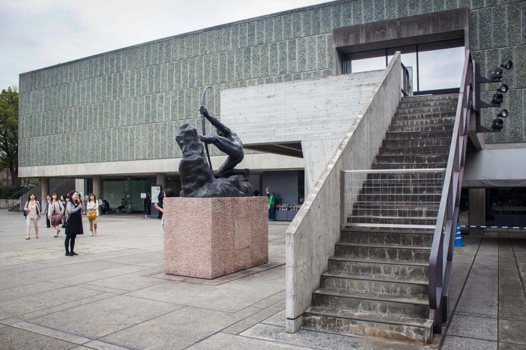 The National Museum of Western Art in Tokyo, the entrance with a bronze sculpture and an exterior staircase