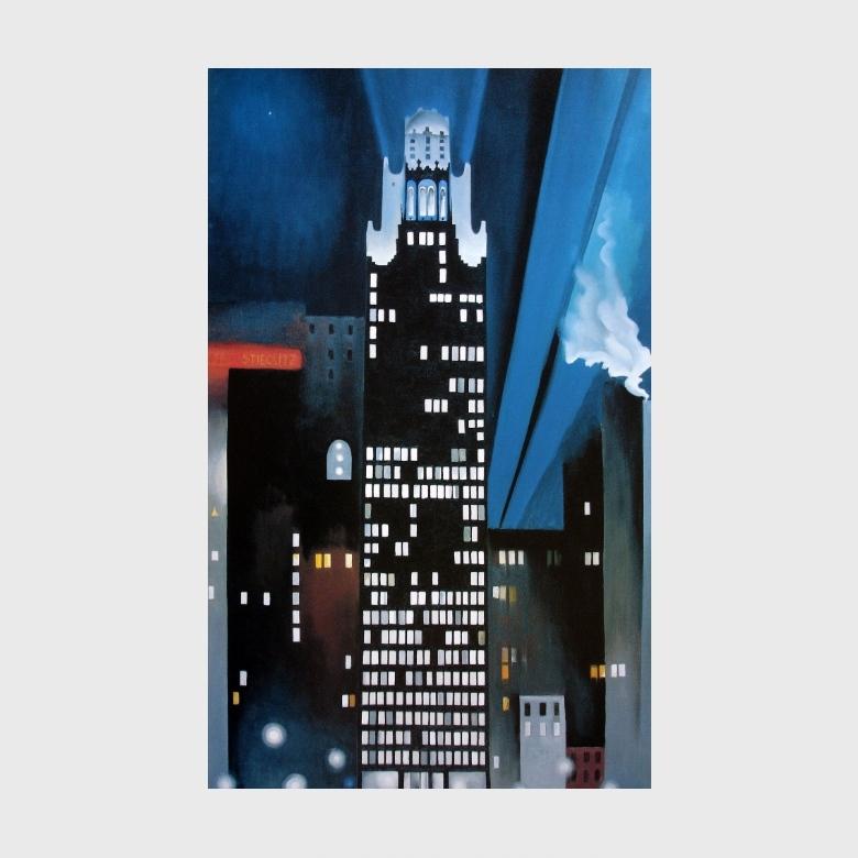 O'Keeffe's painting Radiator Building — Night, New York: an illuminated skyscraper with radiating beams and a Stieglitz sign
