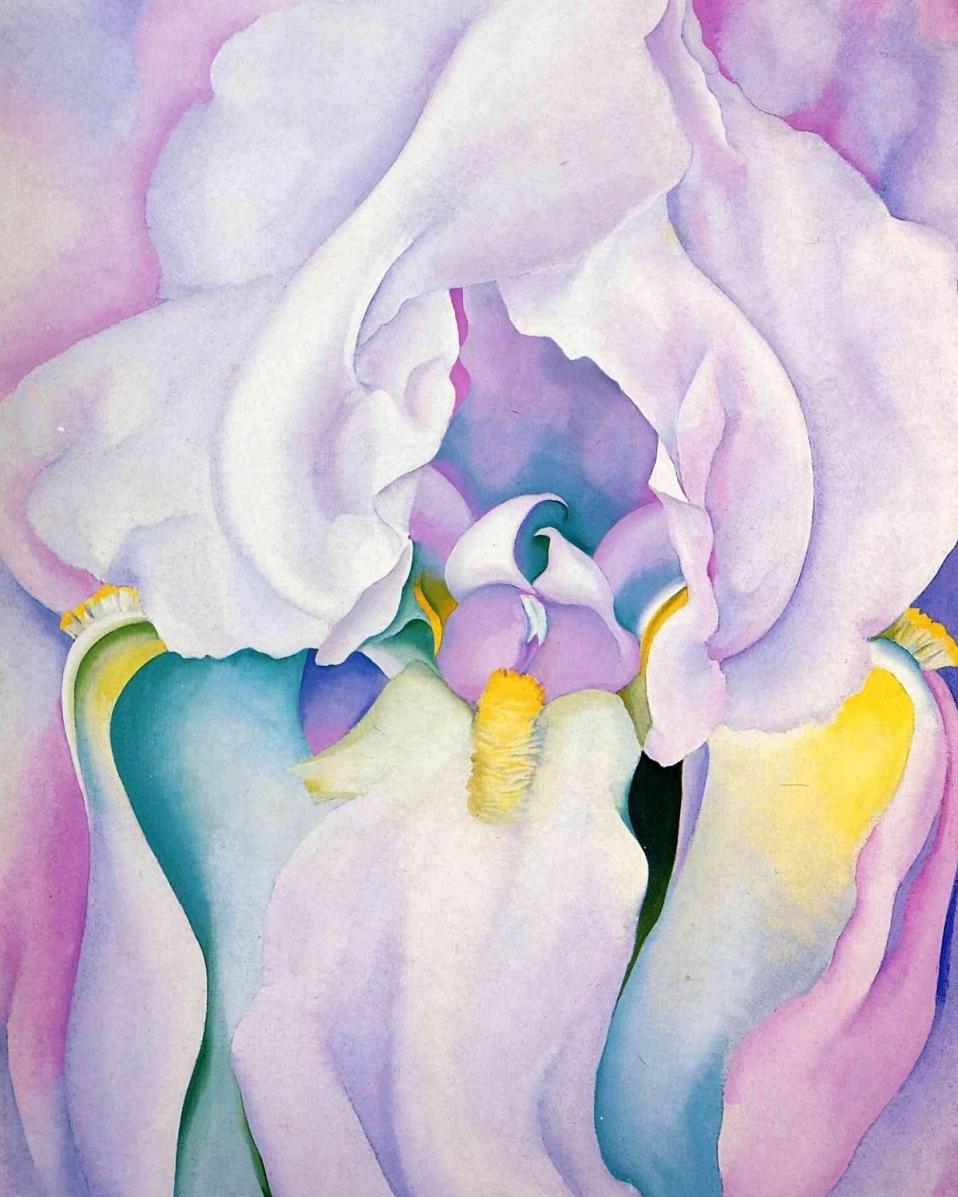 O'Keeffe's painting: a large, pale lilac iris in light tones