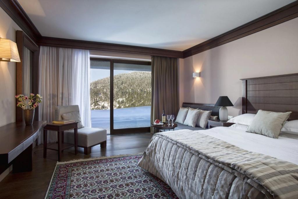 A Grand Forest Metsovo guest room with a bed, rug and a window looking onto a snow-covered slope