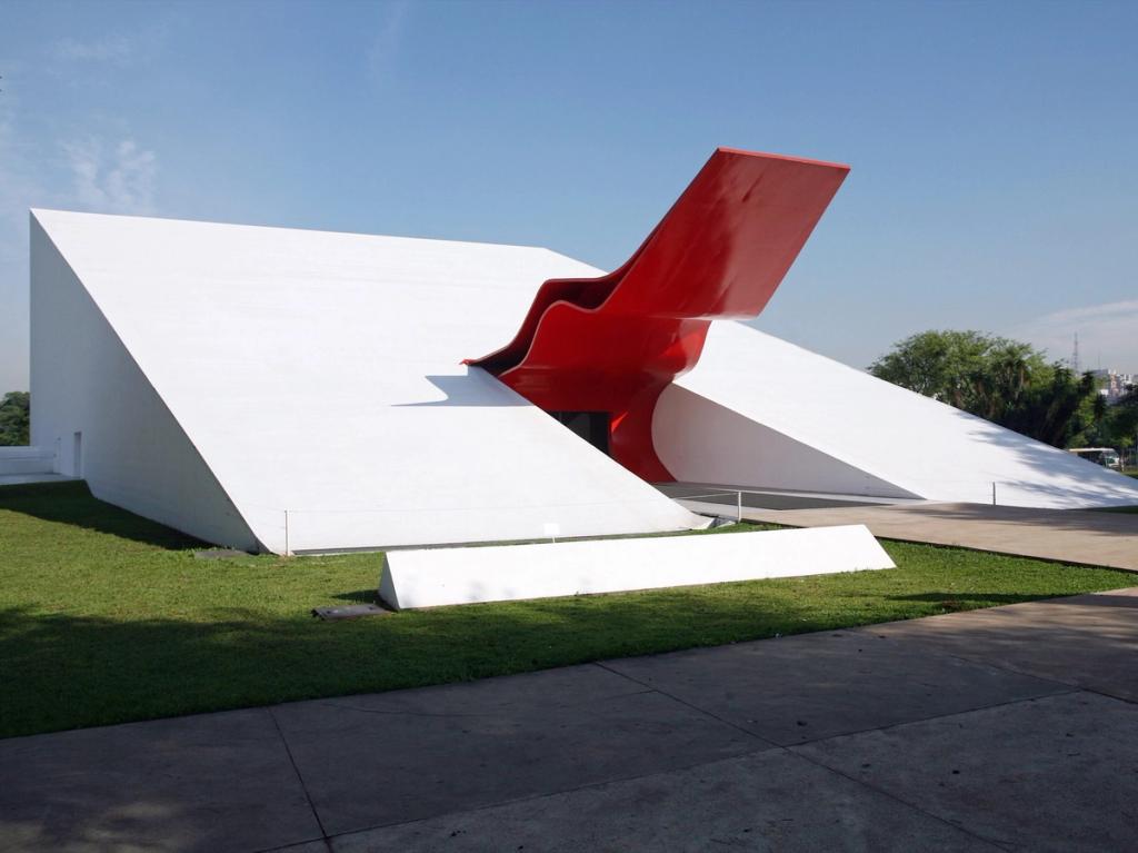 The Ibirapuera Auditorium in São Paulo, a white volume with a sweeping red curved canopy