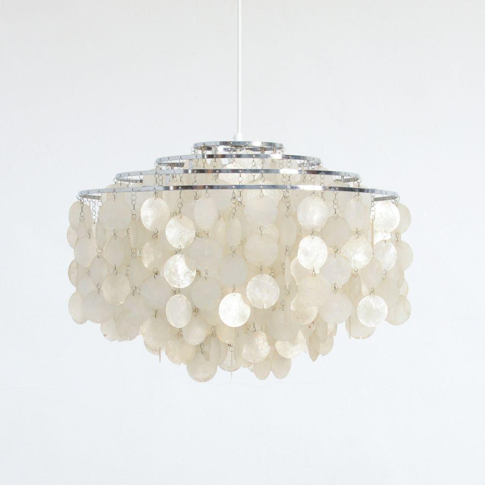 Verner Panton's Fun pendant light made from iridescent limpet shells on chrome rings