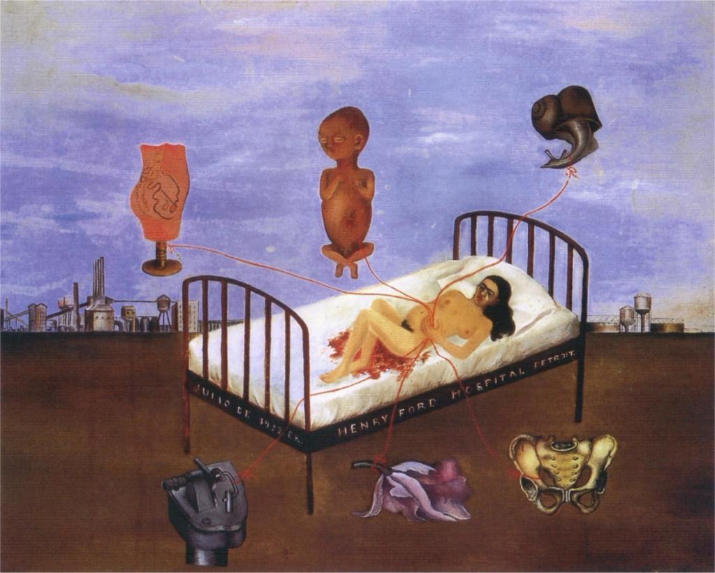 Frida Kahlo's painting Henry Ford Hospital: the artist, nude, on a hospital bed against a backdrop of Detroit
