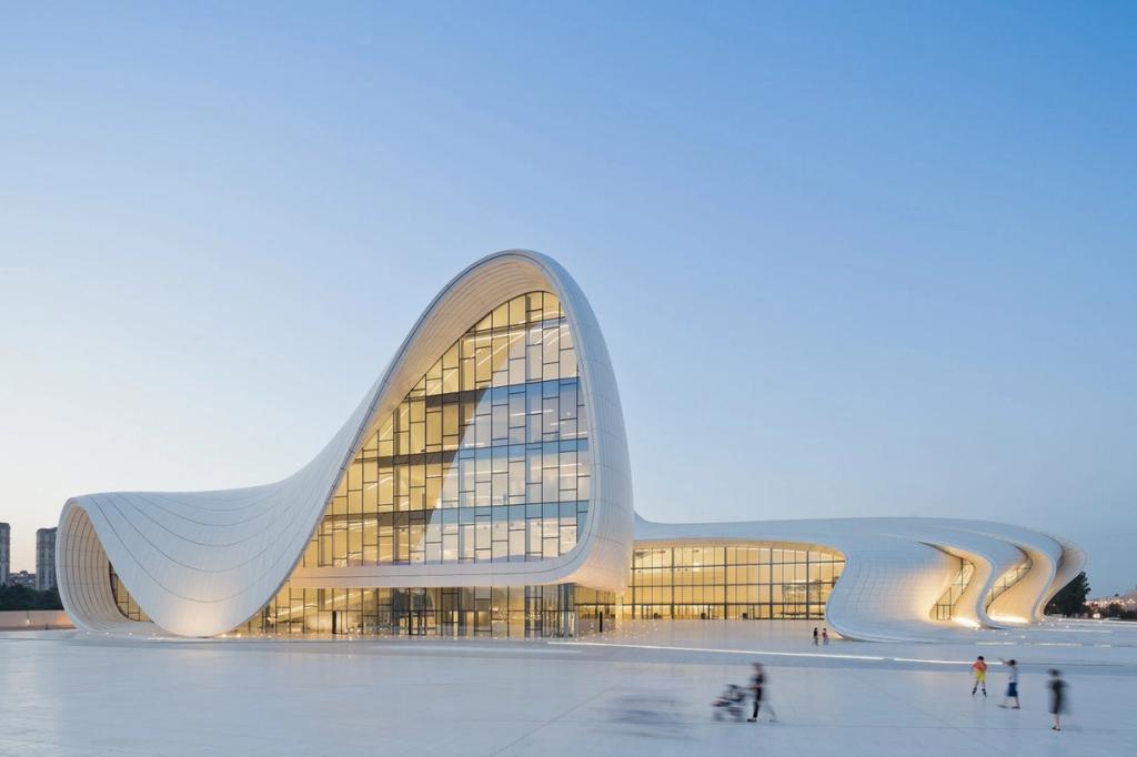 The fluid white facade of the Heydar Aliyev Center in Baku with its panoramic glazing