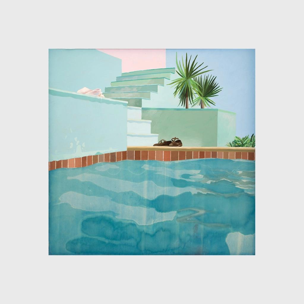 A Hockney painting, Pool and Steps: turquoise water, a ladder and a palm tree