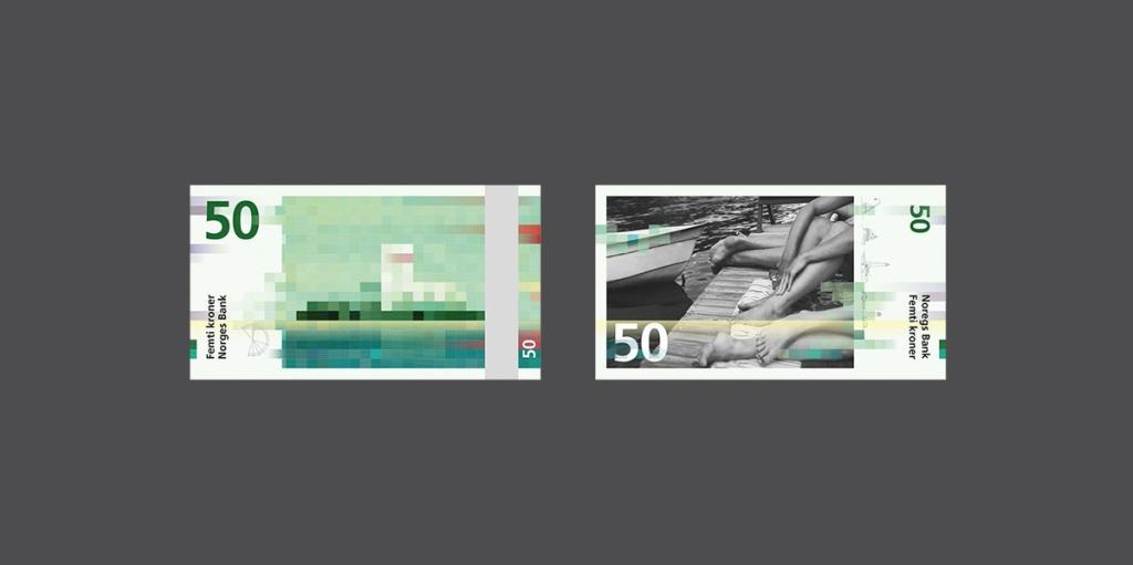 Snøhetta's 50-krone banknote: green pixelated abstraction and a photograph of a pier with people at leisure