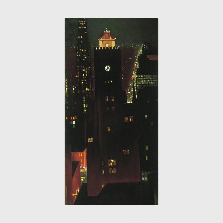 O'Keeffe painting: a nocturnal cityscape with a tower and hundreds of glowing windows