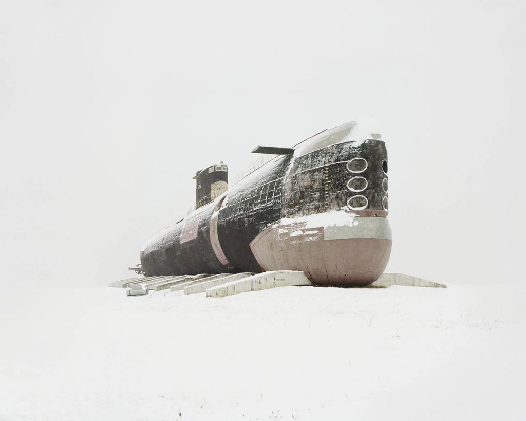 A decommissioned Soviet submarine standing on stocks in the snow