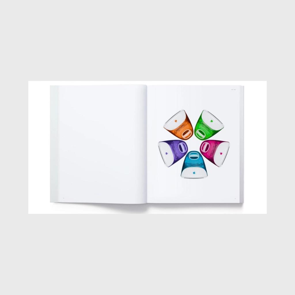 A spread featuring five multicoloured iMac G3 enclosures arranged in a circle
