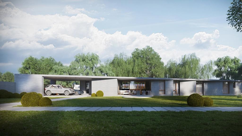 A single-storey flat-roofed house with a grey clad facade set among a lawn and trees, visualisation