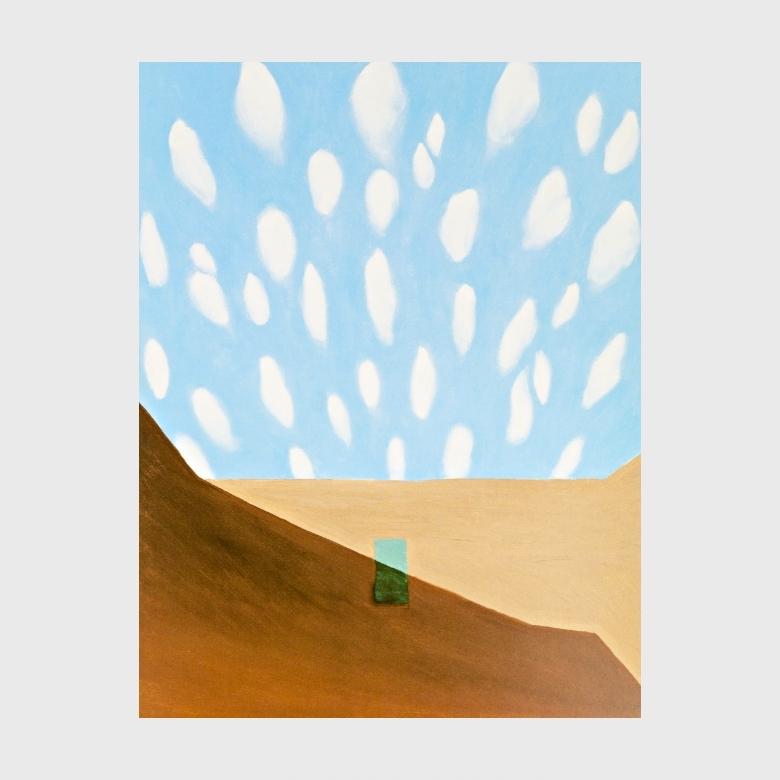 O'Keeffe painting: a sandy hill and a small door beneath a sky dappled with white patches