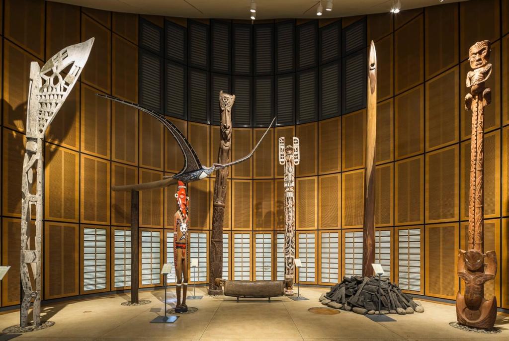 Interior of the Jean-Marie Tjibaou Cultural Centre, with carved Kanak totems and wooden walls