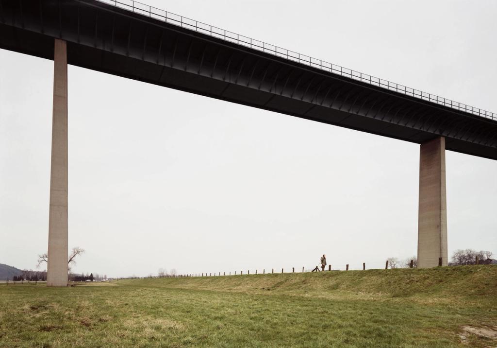 A tall road bridge on concrete piers spanning a green meadow beneath a grey sky