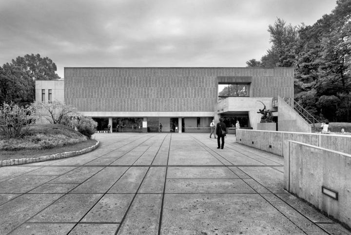 The plaza in front of the National Museum of Western Art with its open ground floor, black-and-white photograph
