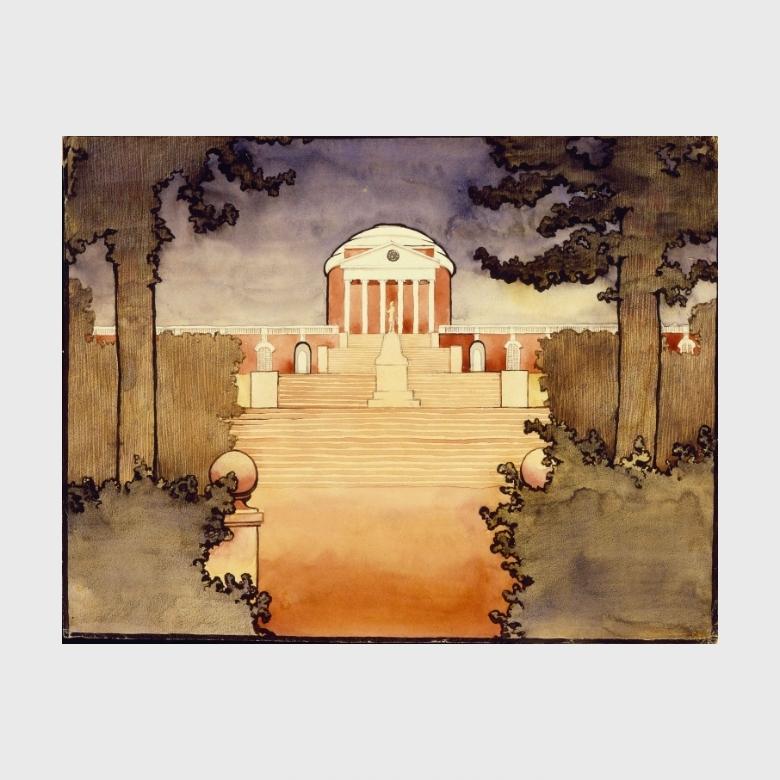 An O'Keeffe watercolour depicting a rotunda with columns at dusk, surrounded by trees