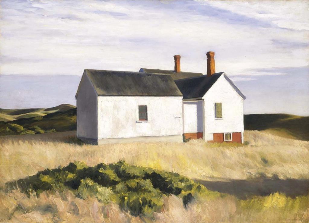 Hopper painting: a white house with red chimneys among dune grass on the coast