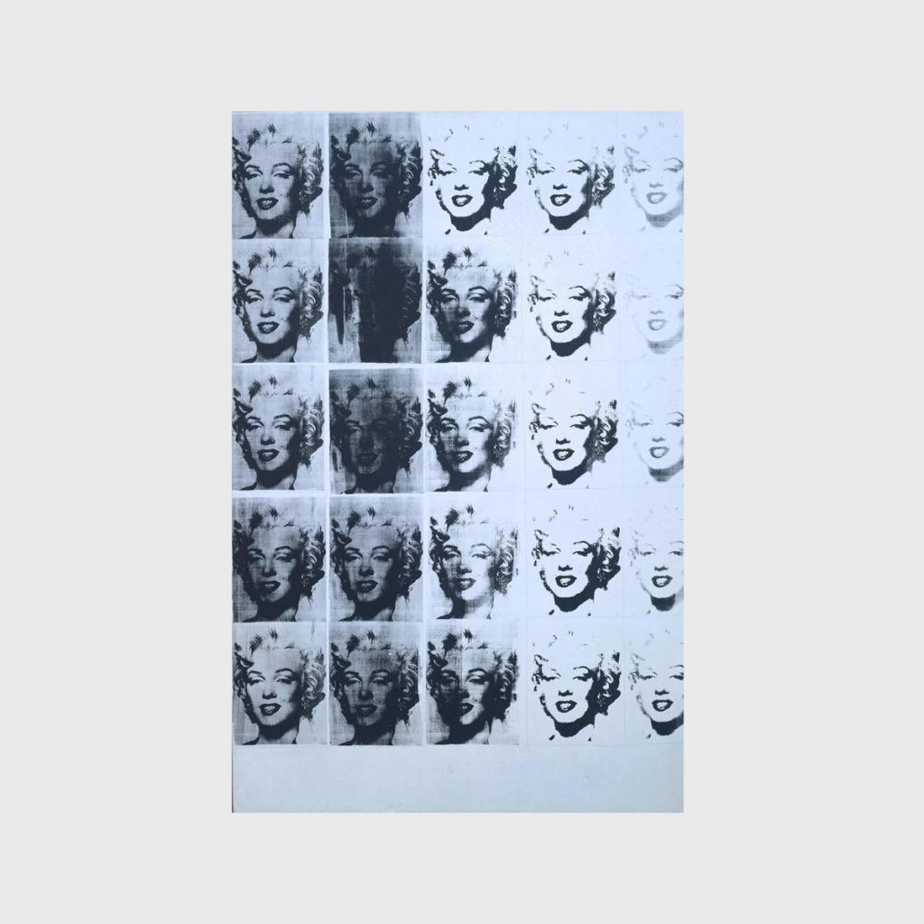 A black-and-white silkscreen print featuring a repeated portrait of Marilyn Monroe that fades towards the right.