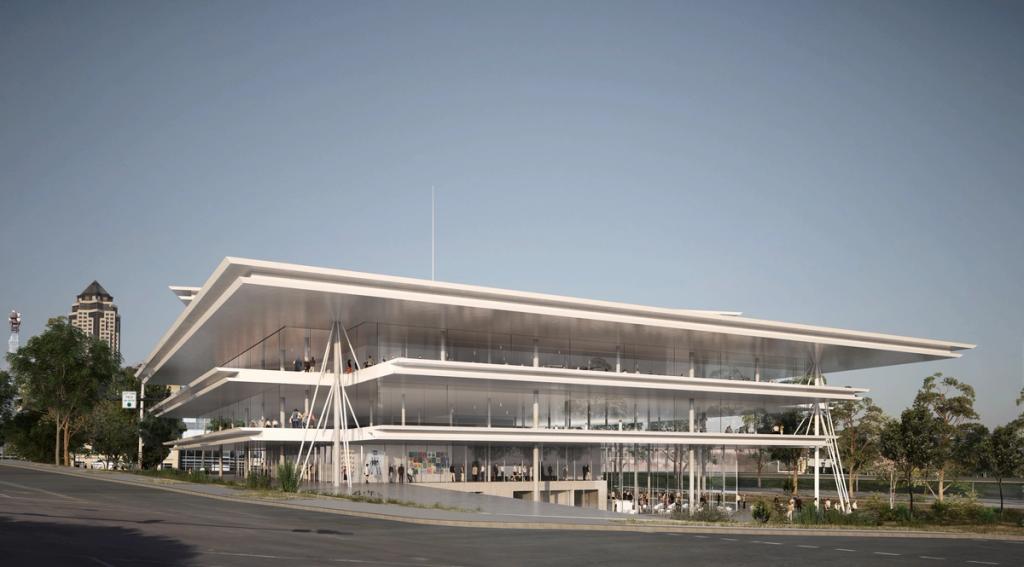 A light pavilion with broad cantilevered canopies and a fully glazed facade