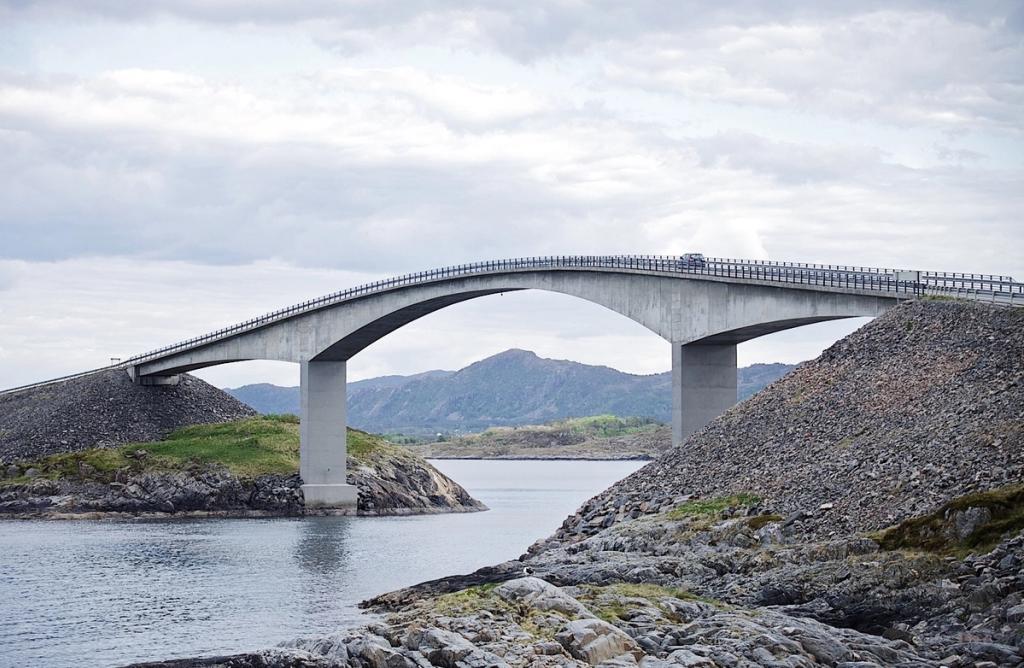 The Storseisundet Bridge in Norway: a steep concrete arc of road between rocky islets