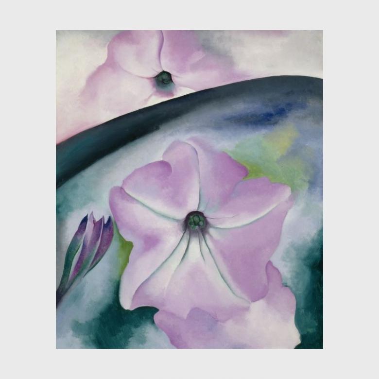 O'Keeffe painting: two lavender petunias against a dark green background