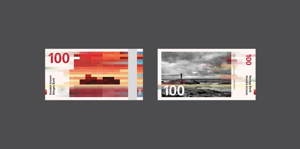 Snøhetta's 100-krone banknote: red pixelated sunset and a photograph of a lighthouse on a rocky coast