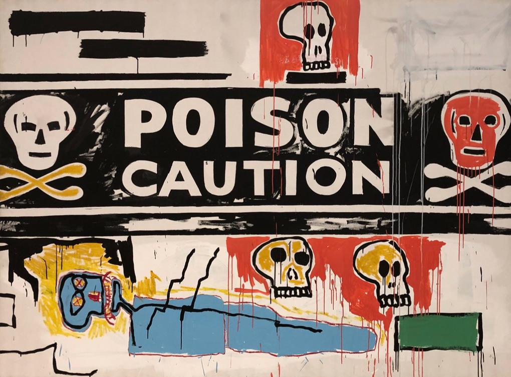 A painting with the inscriptions POISON CAUTION, skulls and crossbones on a light background