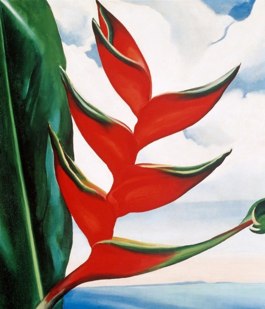O'Keeffe painting: a red tropical heliconia flower and green leaf, Hawaii