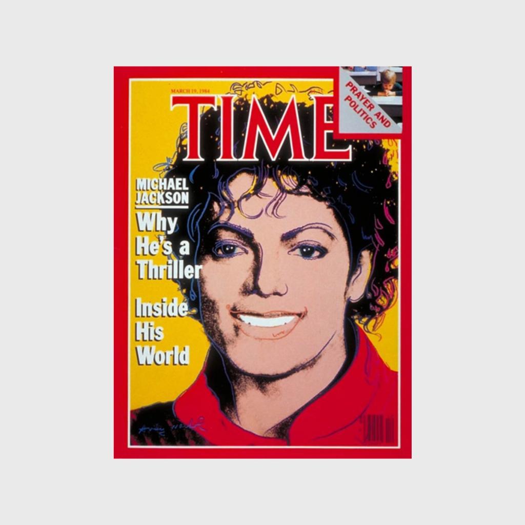 Cover of Time magazine with a portrait of Michael Jackson in a red jacket