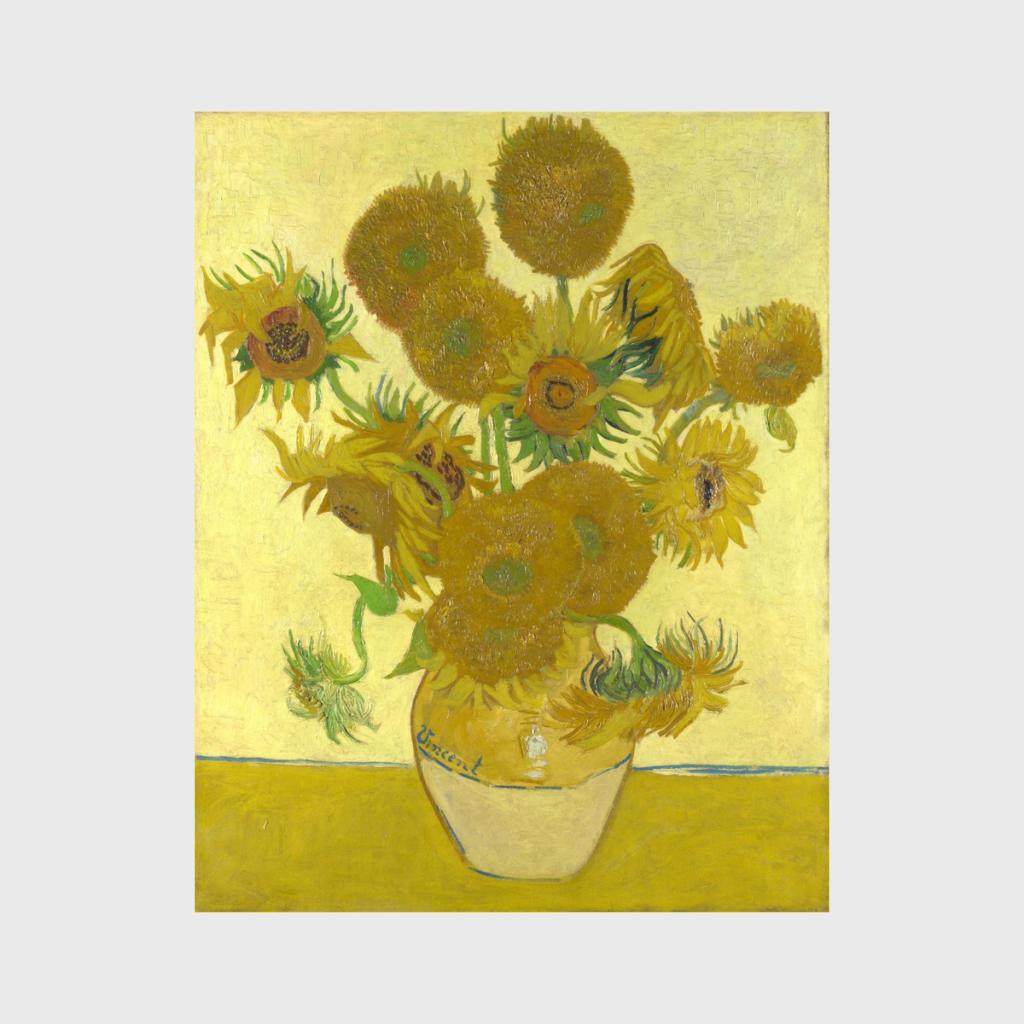 Van Gogh's painting of sunflowers on a yellow background in a ceramic vase
