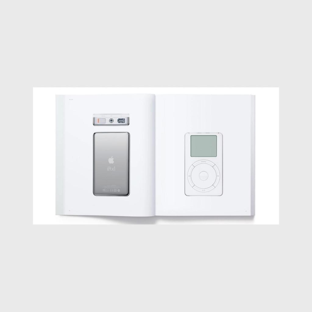 A spread featuring the back panel of the first iPod and its screen with the scroll wheel